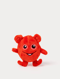 A red plush Bobbo with a friendly smile and very small and round deisgn  