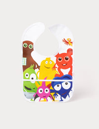 A baby bib featuring colorful Babblarna characters on a white background
