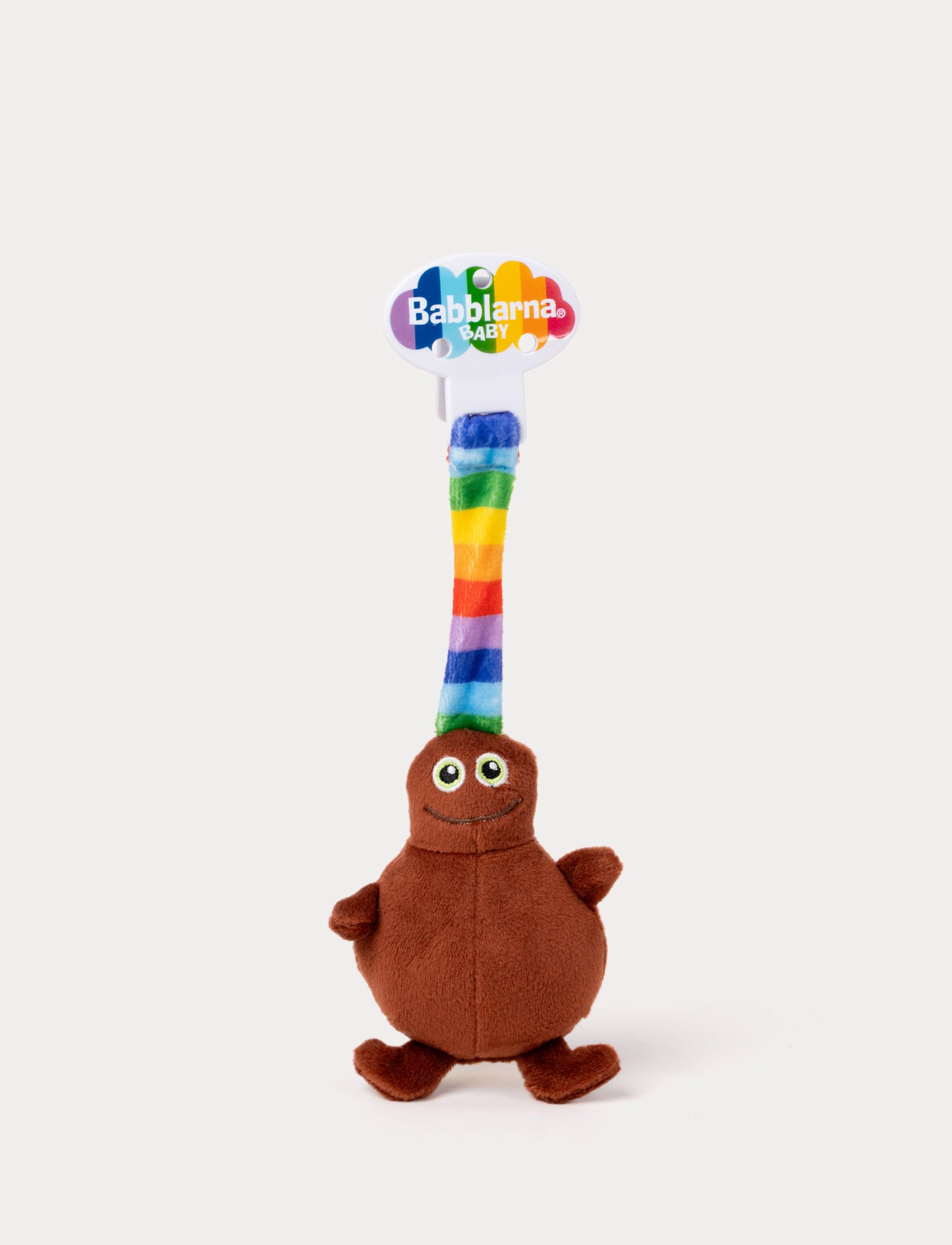  Image of Soft, Babba stroller toy in a calm brown color. Small design with a colorful strap and clip. 