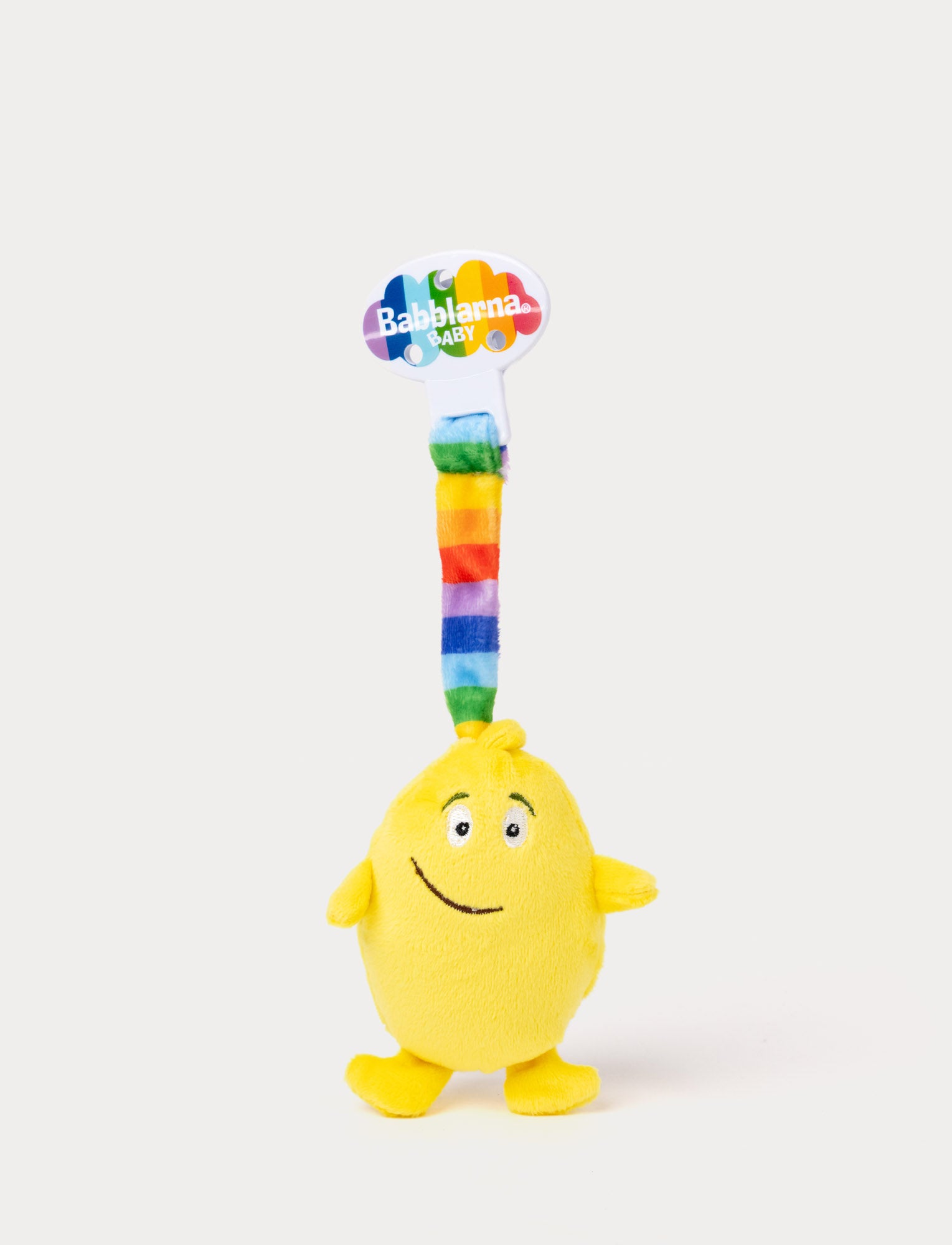  Image of Soft, Bibbi stroller toy in a bright yellow. Small design with a colorful strap and clip. 