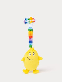 Soft, Bibbi stroller toy in a bright yellow. Small design with a colorful strap and clip. 