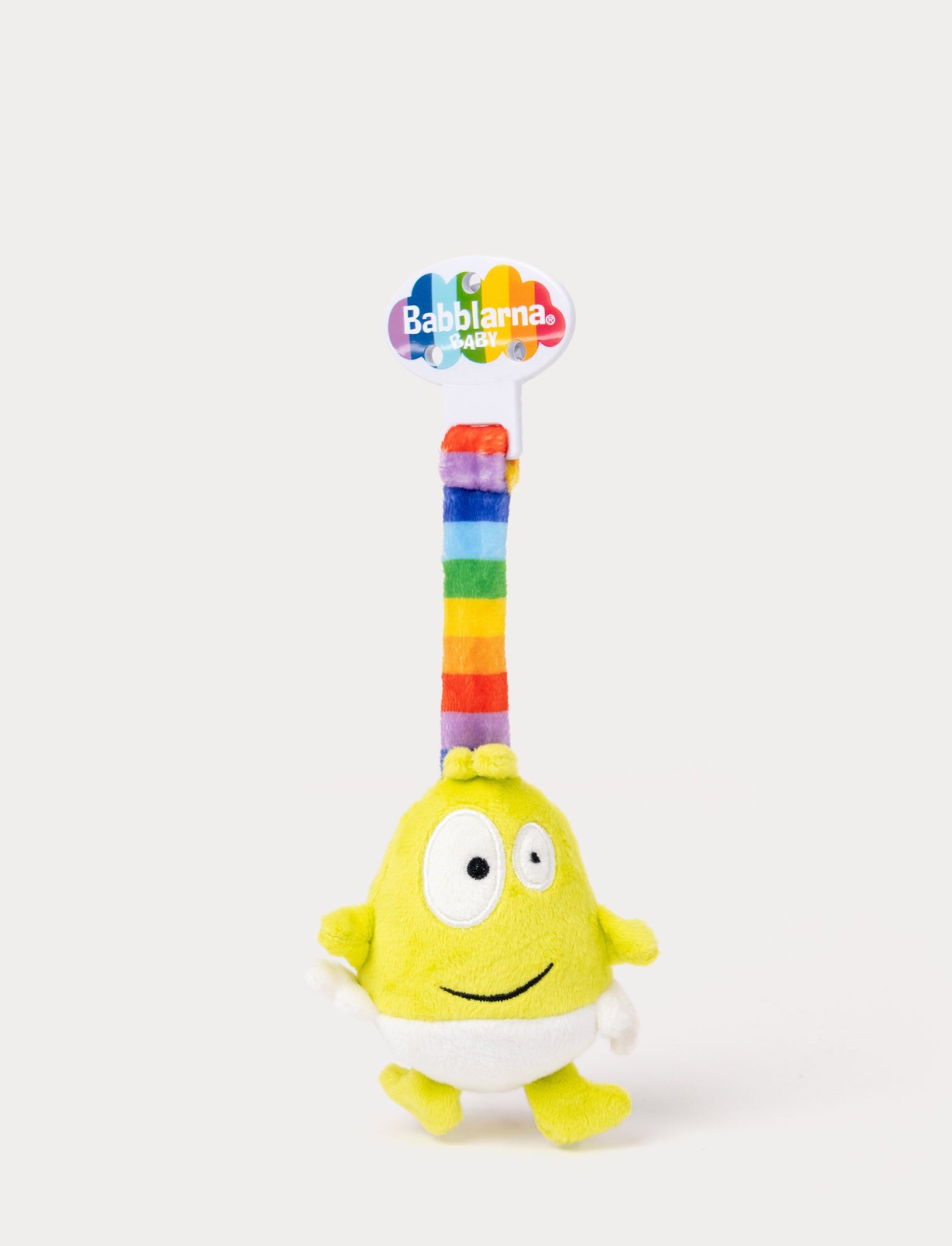  Image of Soft, Dadda stroller toy in a green color. Small design with a colorful strap and clip. 