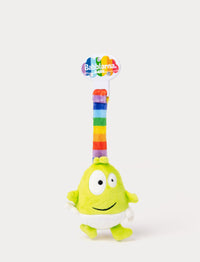 Soft, Dadda stroller toy in a green color. Small design with a colorful strap and clip. 