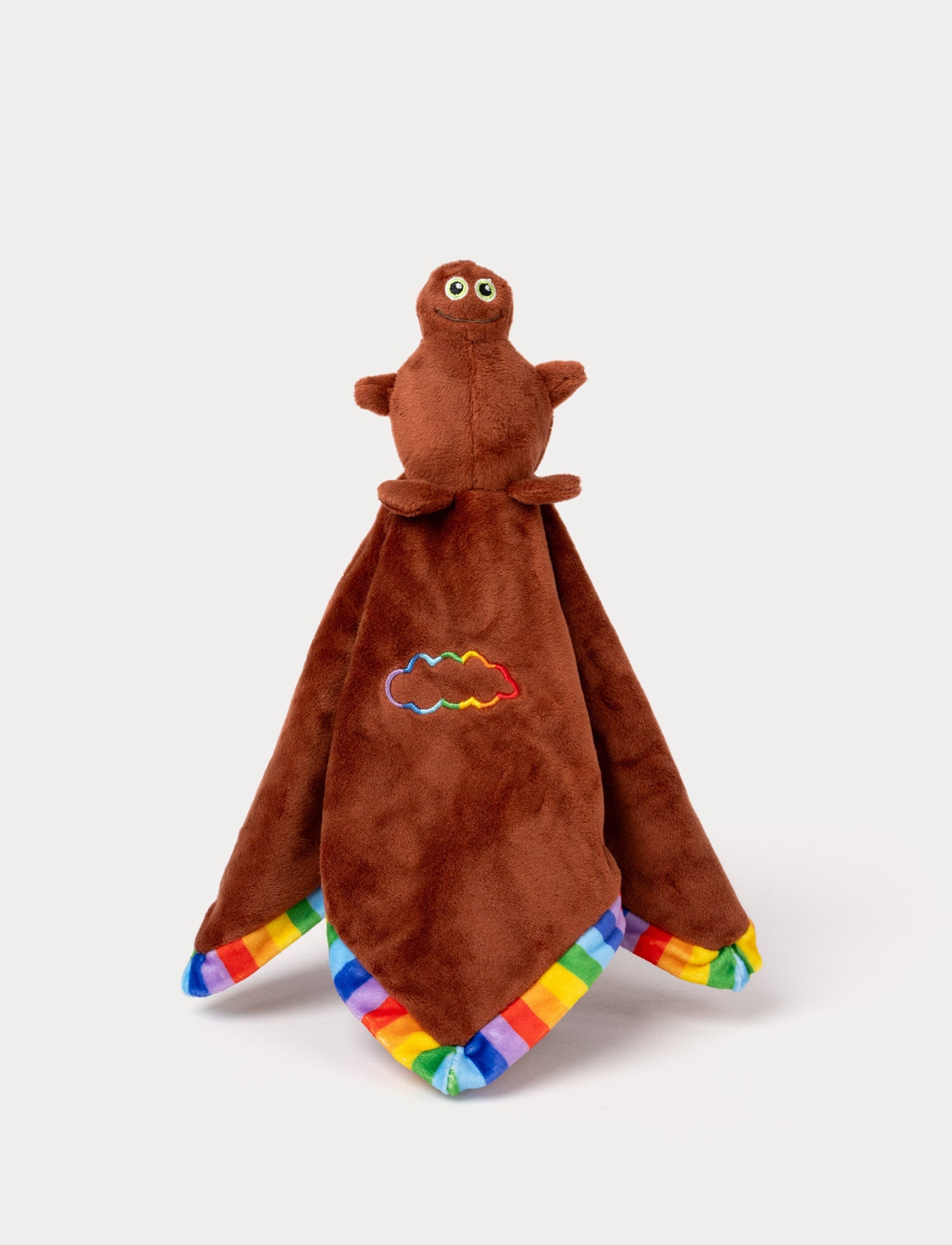  Image of Brown plush blankie with a soft character head, rainbow-trimmed edges, and an embroidered cloud detail.