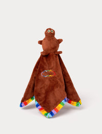 Brown plush blankie with a soft character head, rainbow-trimmed edges, and an embroidered cloud detail.