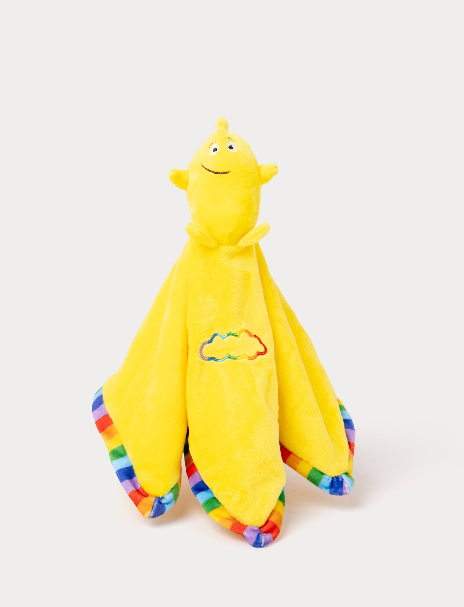  Image of Yellow plush blankie with a soft character head, rainbow-trimmed edges, and an embroidered cloud detail.