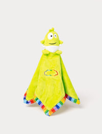Green plush blankie with a soft character head, rainbow-trimmed edges, and an embroidered cloud detail.