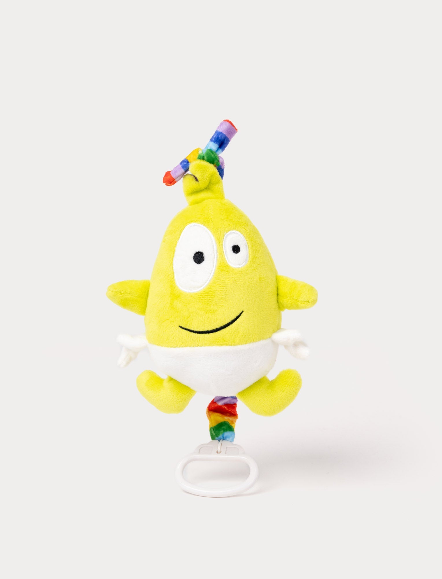 Image of A plush musical pull toy featuring Babblarna character Diddi with a rainbow-patterned handle.