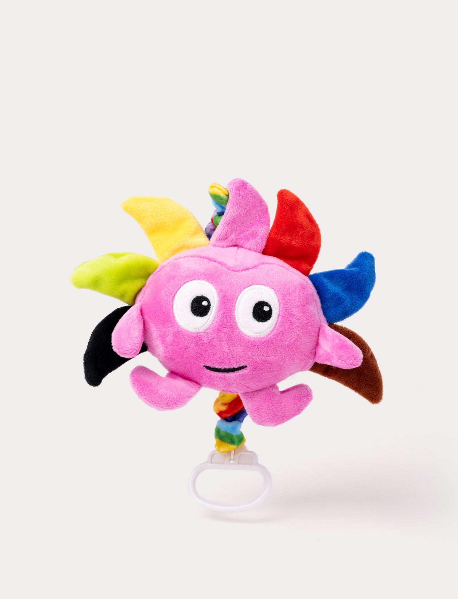  Image of A plush musical pull toy featuring Babblarna character Diddi with colorful spikes and a rainbow-patterned handle.