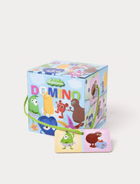 Colorful domino game with Babblarna characters on tiles, stored in a practical box with a carrying handle.
