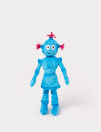 A plush toy of Babblarna character Klonk, a blue robot with pink yarn hair and a friendly smile.