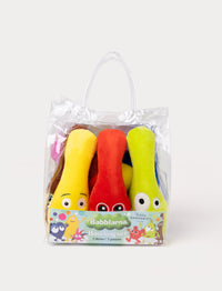 A Babblarna plush bowling set with colorful character-themed pins and a soft multicolored ball.