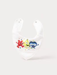 White baby bib with snap buttons, featuring Babblarna