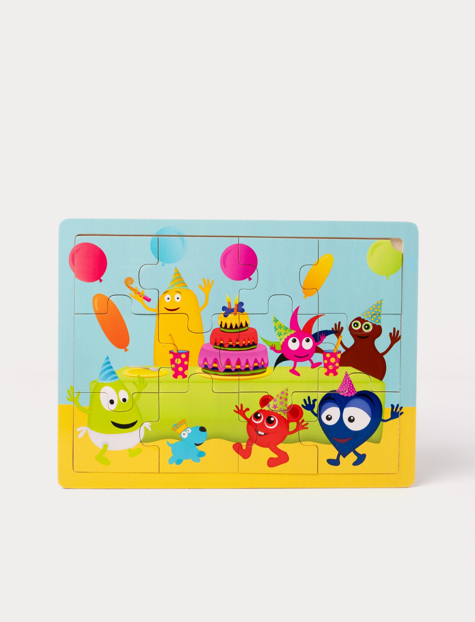  Image of Colorful wooden puzzle depicting Babblarna characters at a festive birthday party with balloons, cake, and party hats.