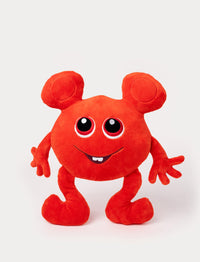 Red plush toy with a round body, large ears, big eyes, and a cheerful embroidered smile with a small tooth.