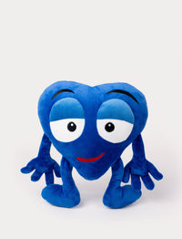 Blue heart-shaped plush toy with droopy eyes, a playful smirk, and long arms.