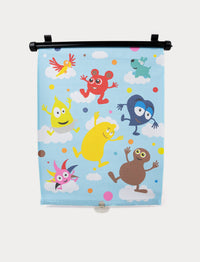 Babblarna retractable car sunshade with colorful characters on a light blue, cloud-themed background.