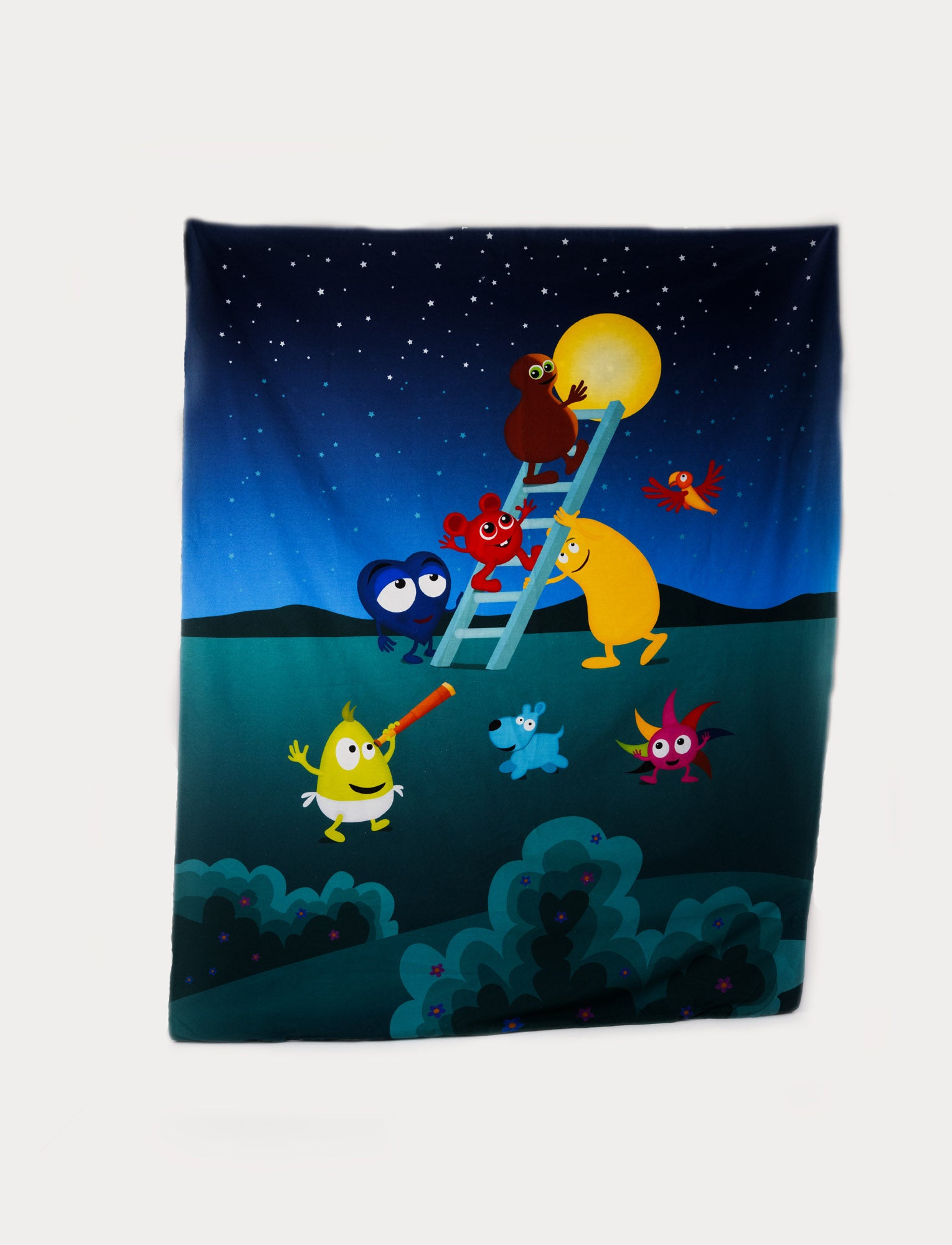  Image of Colorful bedset with cartoon characters stargazing at night, featuring a ladder reaching toward the moon.