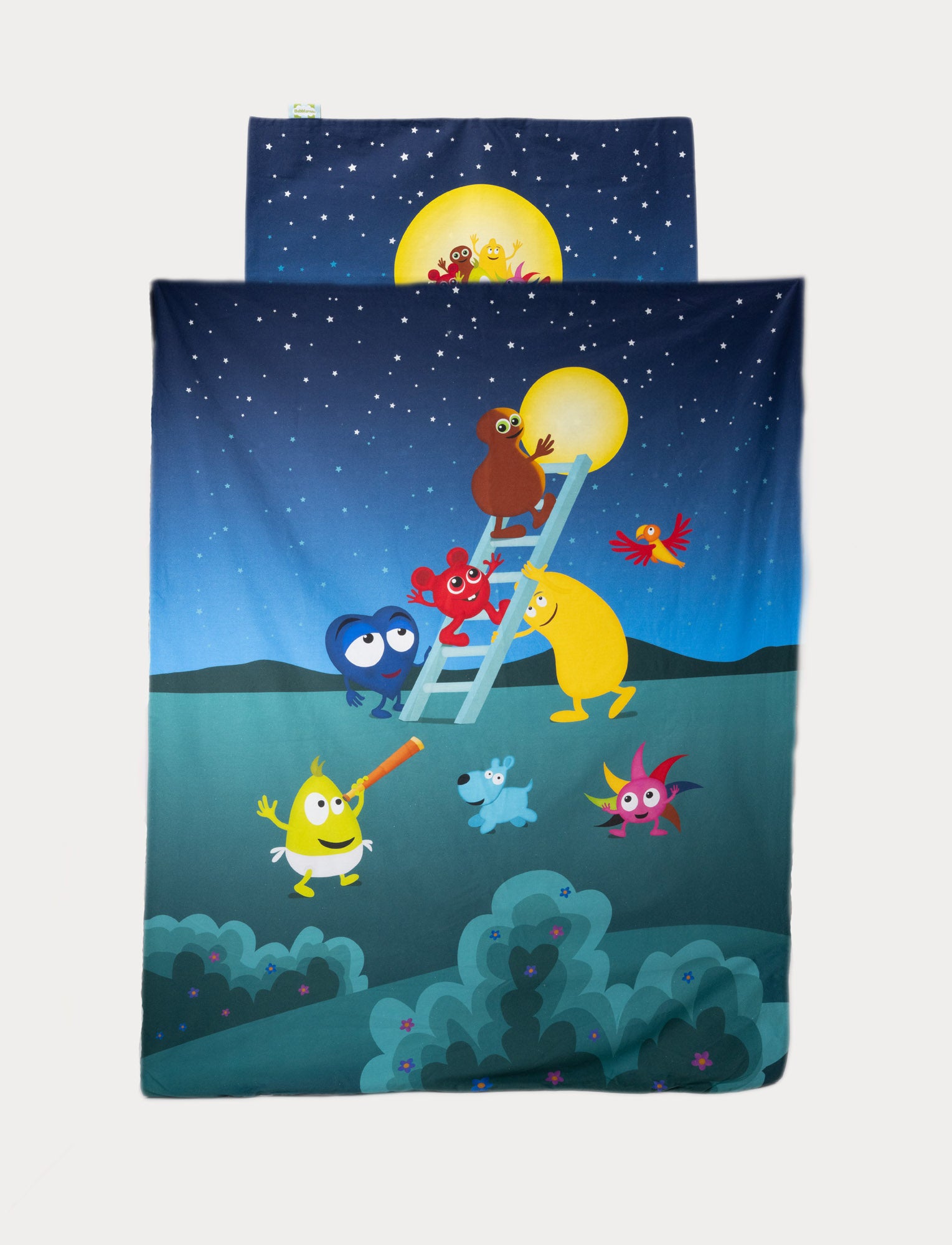  Image of Colorful bedset with cartoon characters stargazing at night, featuring a ladder reaching toward the moon.