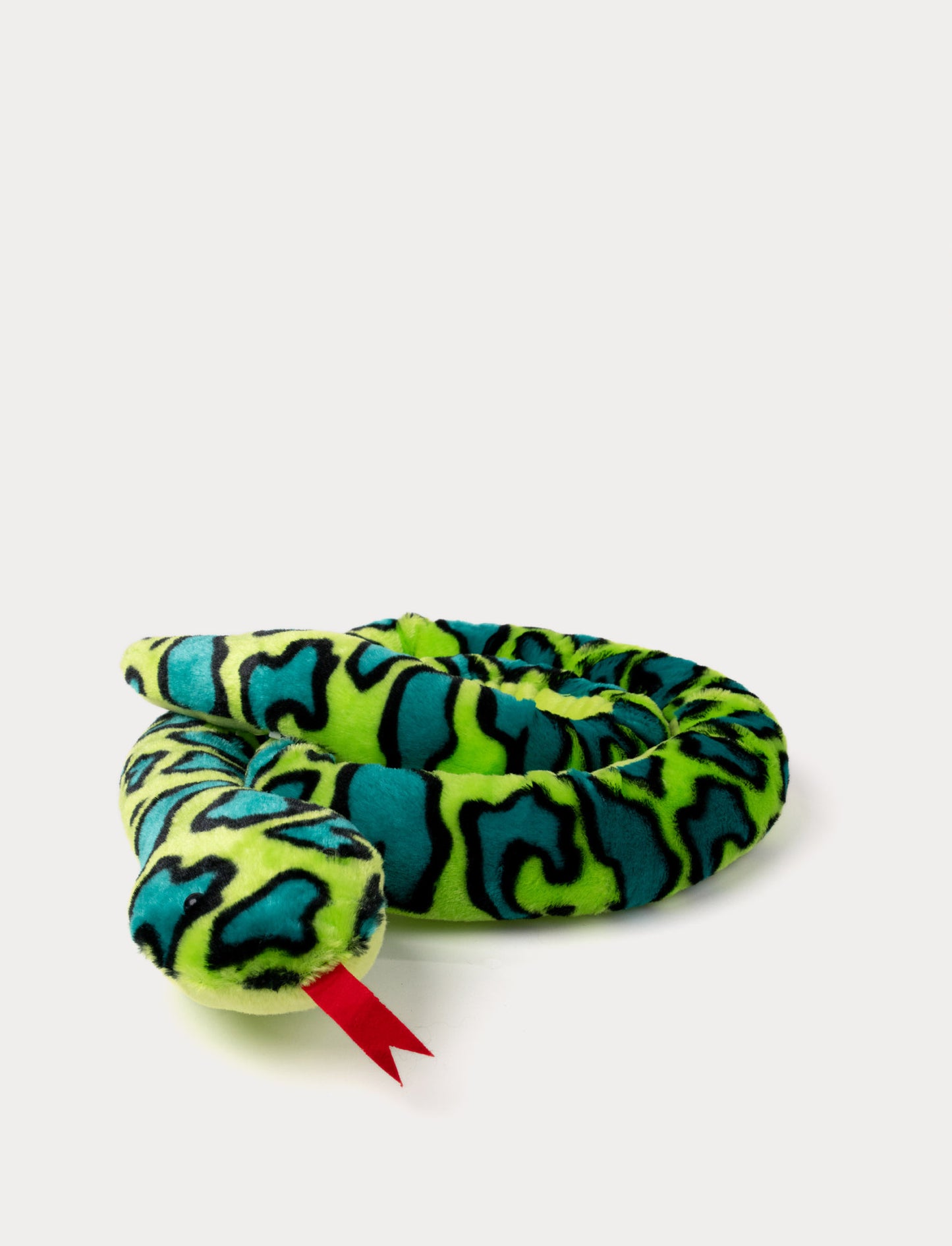 Plush snake with a vibrant green and blue pattern, black markings, and a red fabric tongue.