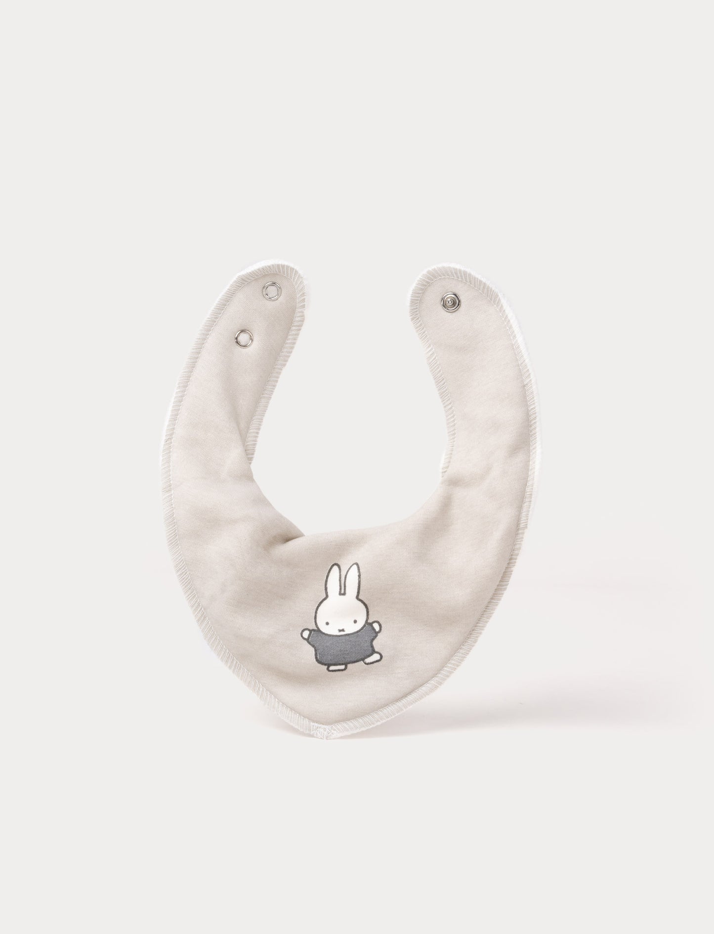 Soft, grey, double-layered cotton Miffy dribble bib with snap buttons for adjustable fit 