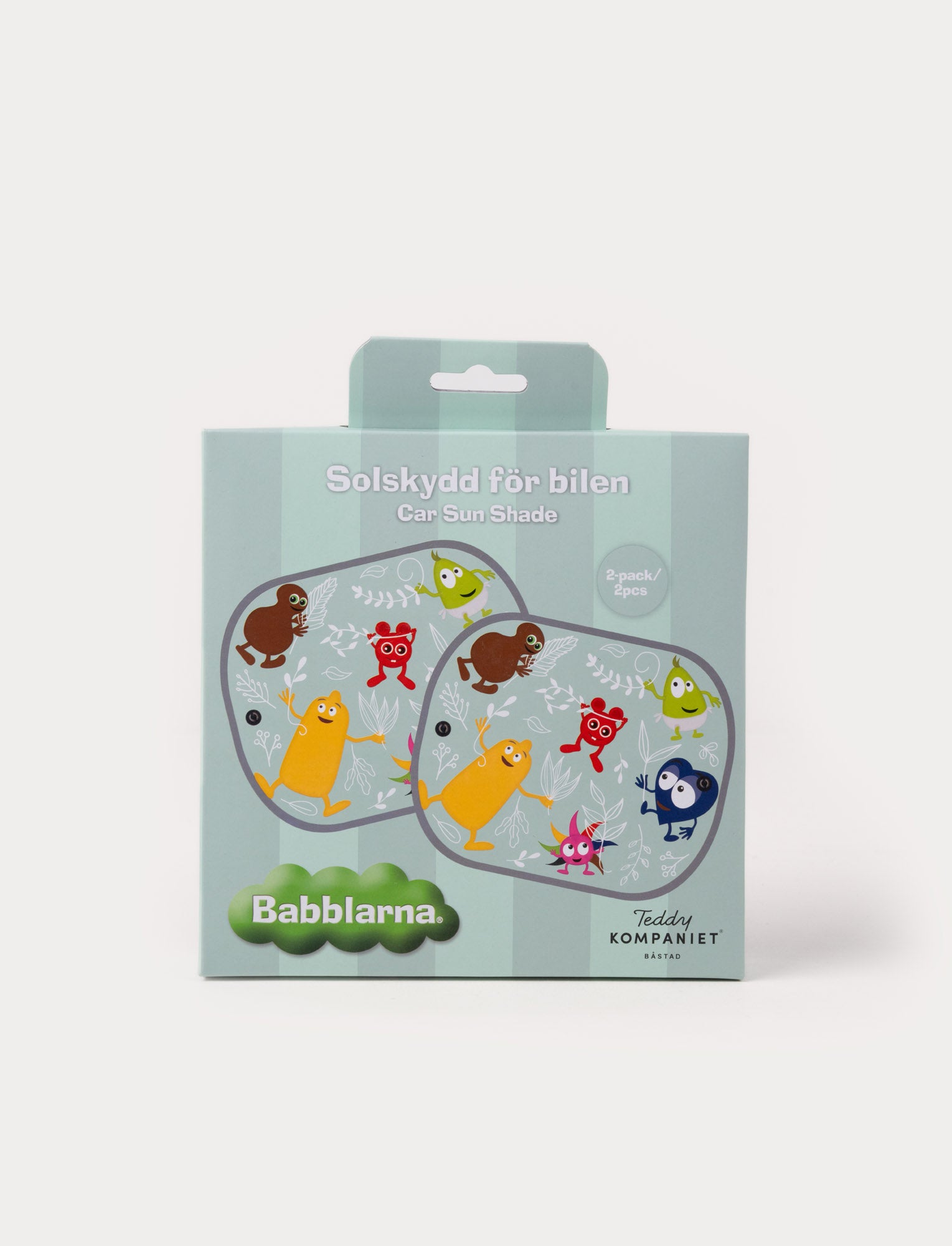  Image of Package with two sunshades from Babblarna. With a playful green design and suction cups