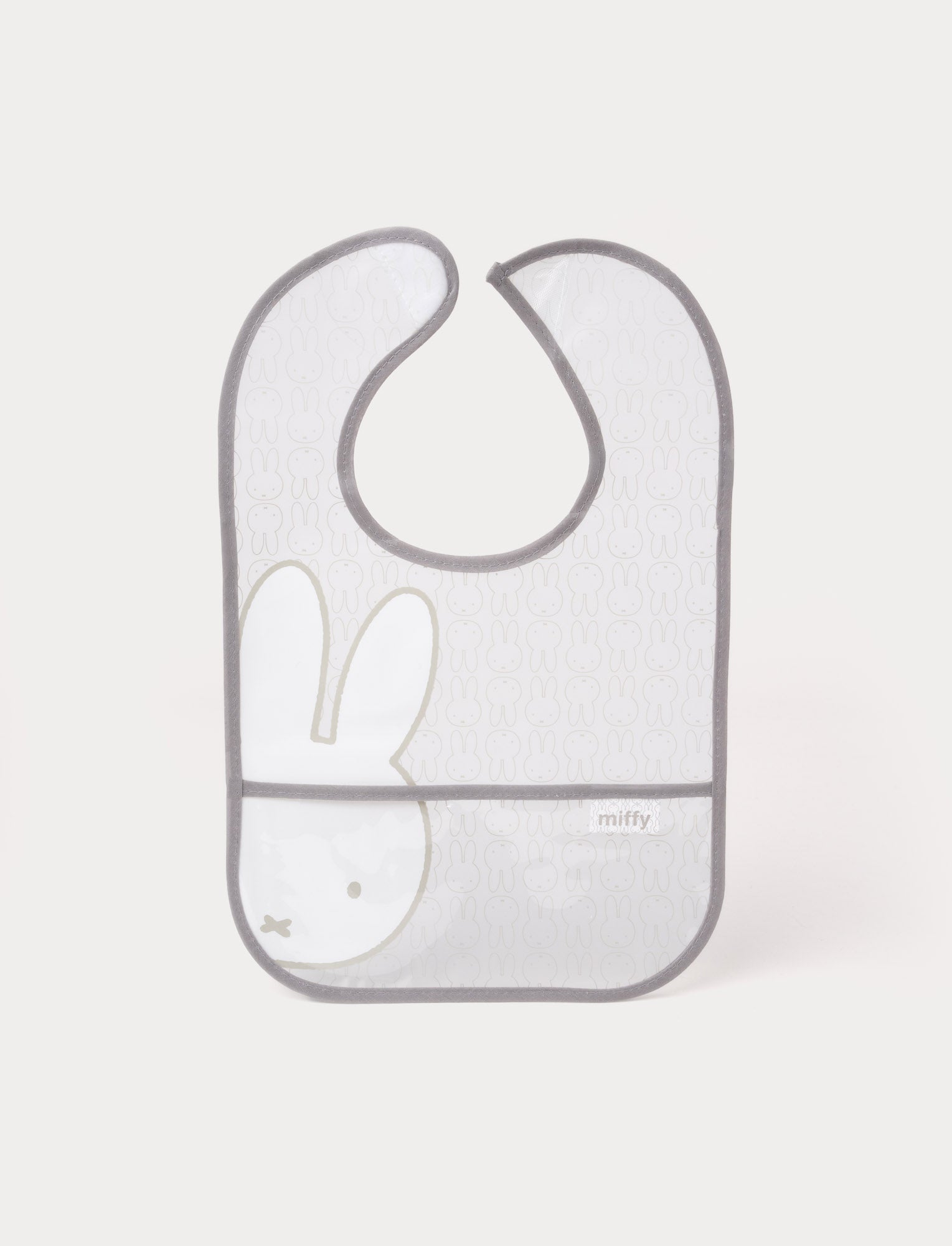  Image of A transparent baby bib with a gray border featuring a minimalist Miffy rabbit design.