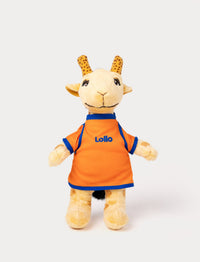 A plush toy of Lollo the giraffe wearing an orange and blue outfit with her name embroidered on it.