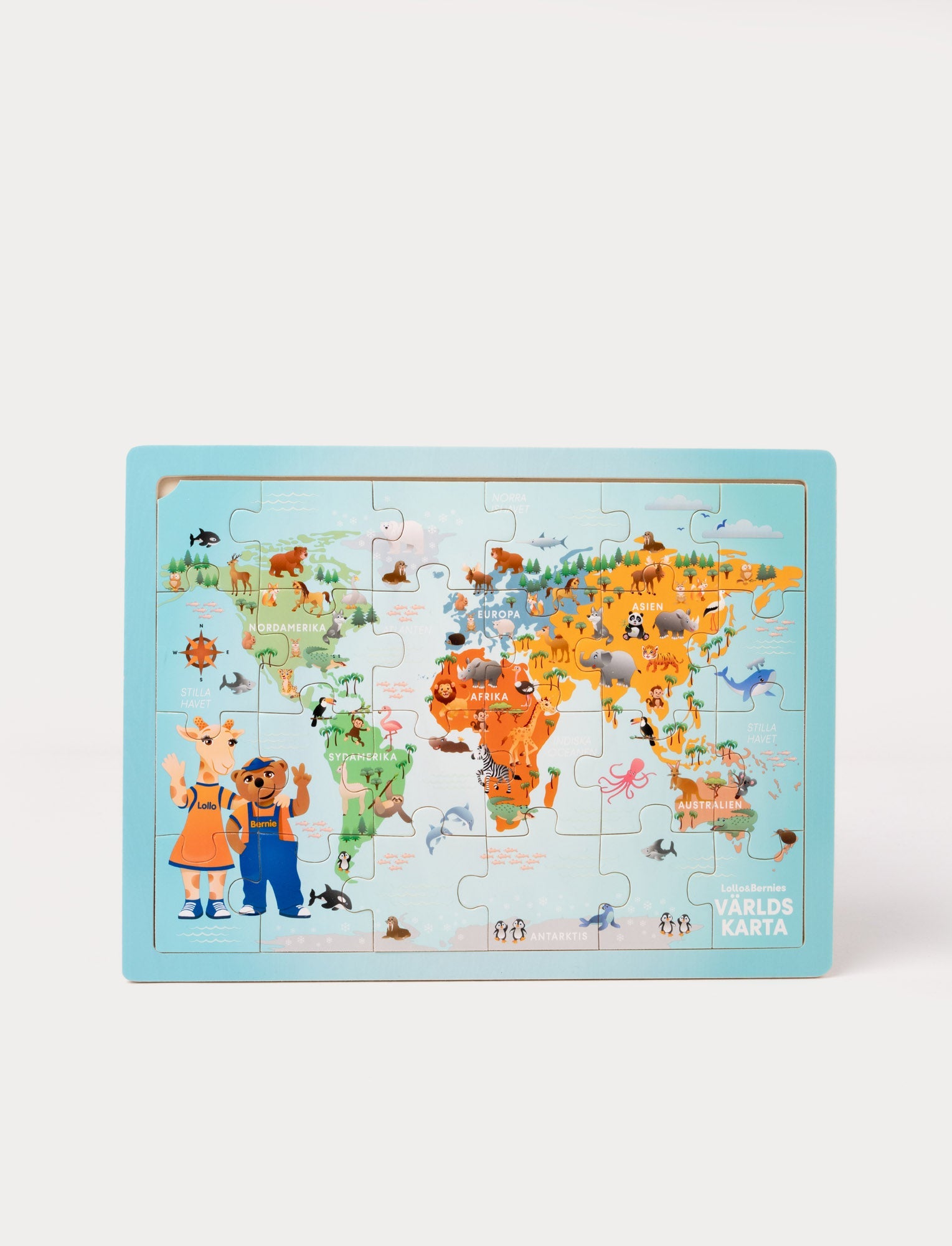  Image of A colorful world map puzzle featuring Lollo and Bernie, with animals representing different continents.
