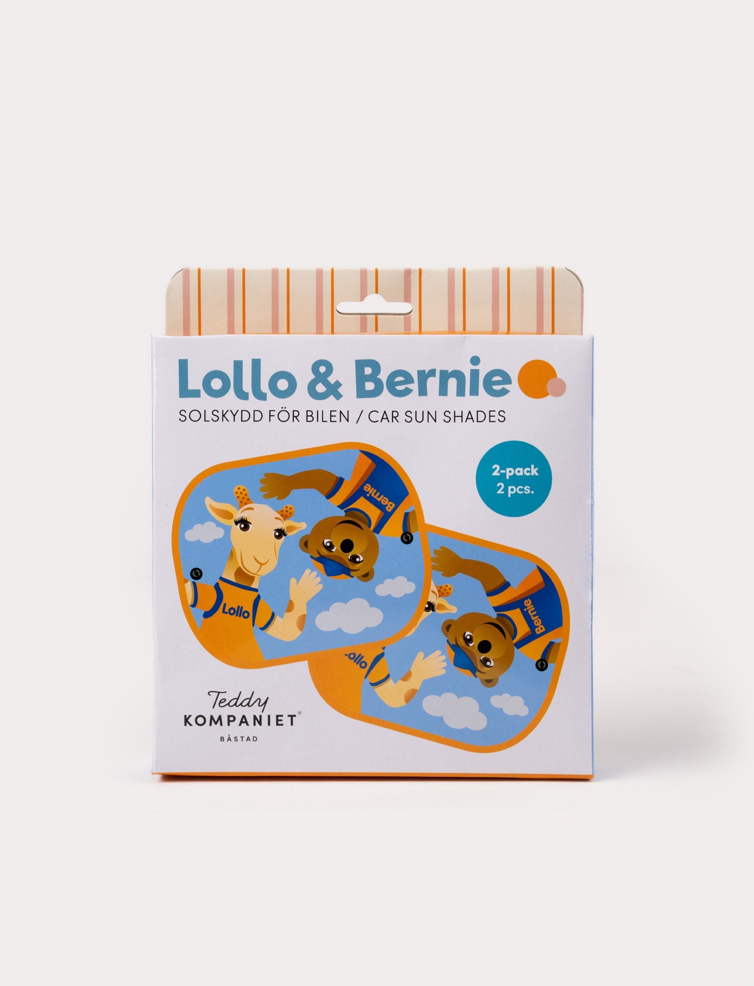  Image of A package with two Lollo & Bernie car sun shades featuring illustrations of the giraffe and bear character