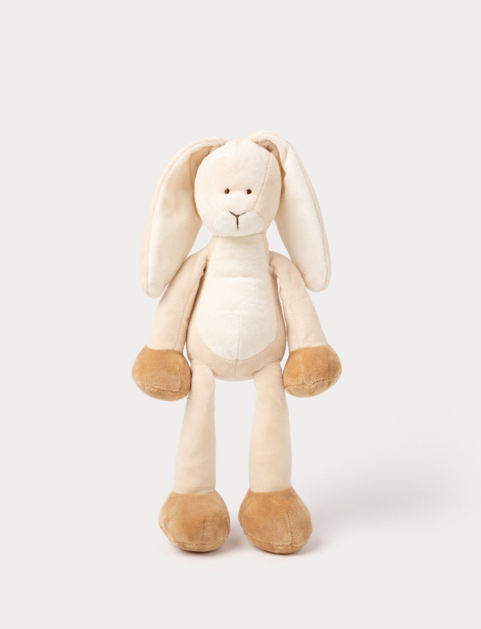  Image of A plush beige bunny with long floppy ears, a white belly, and brown paws.