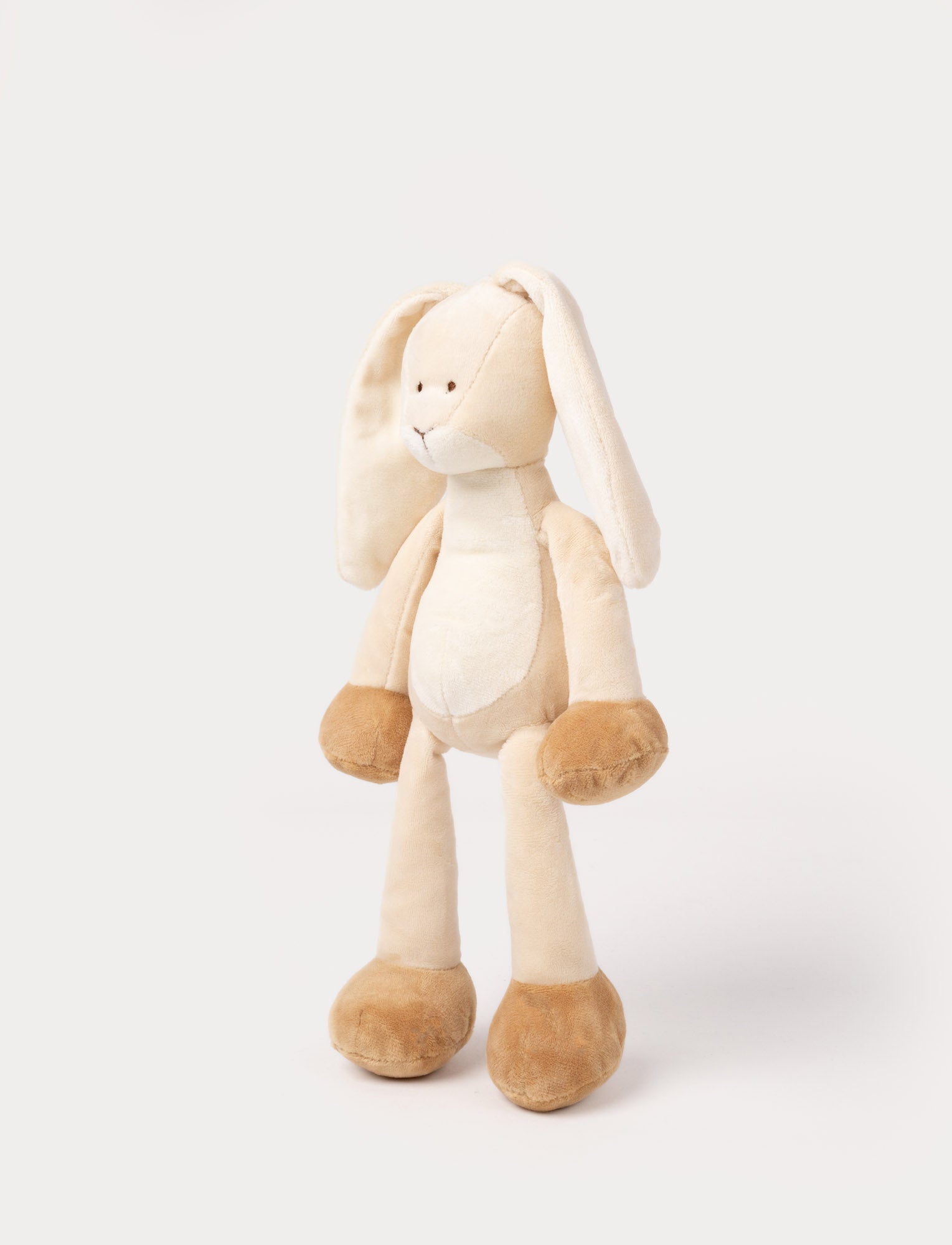  Image of A plush beige bunny with long floppy ears, a white belly, and brown paws.