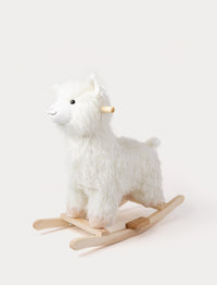 Plush rocking llama with fluffy white fur, a friendly face, and a wooden base.