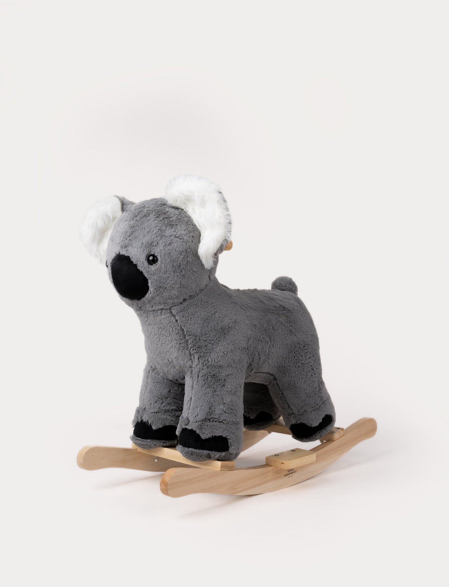 Plush koala rocker with soft gray fur, round ears, and a sturdy wooden base.