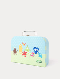 A children's suitcase with a light blue polka dot design featuring Babblarna characters.