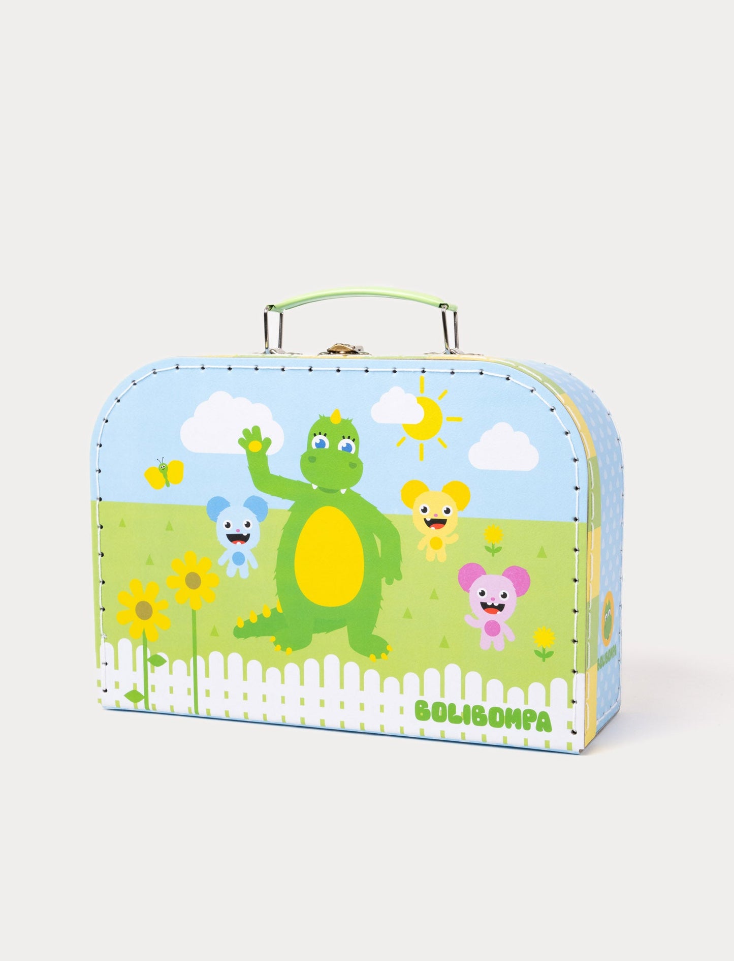 A children's suitcase featuring the Bolibompa dragon and his friends in a sunny landscape.