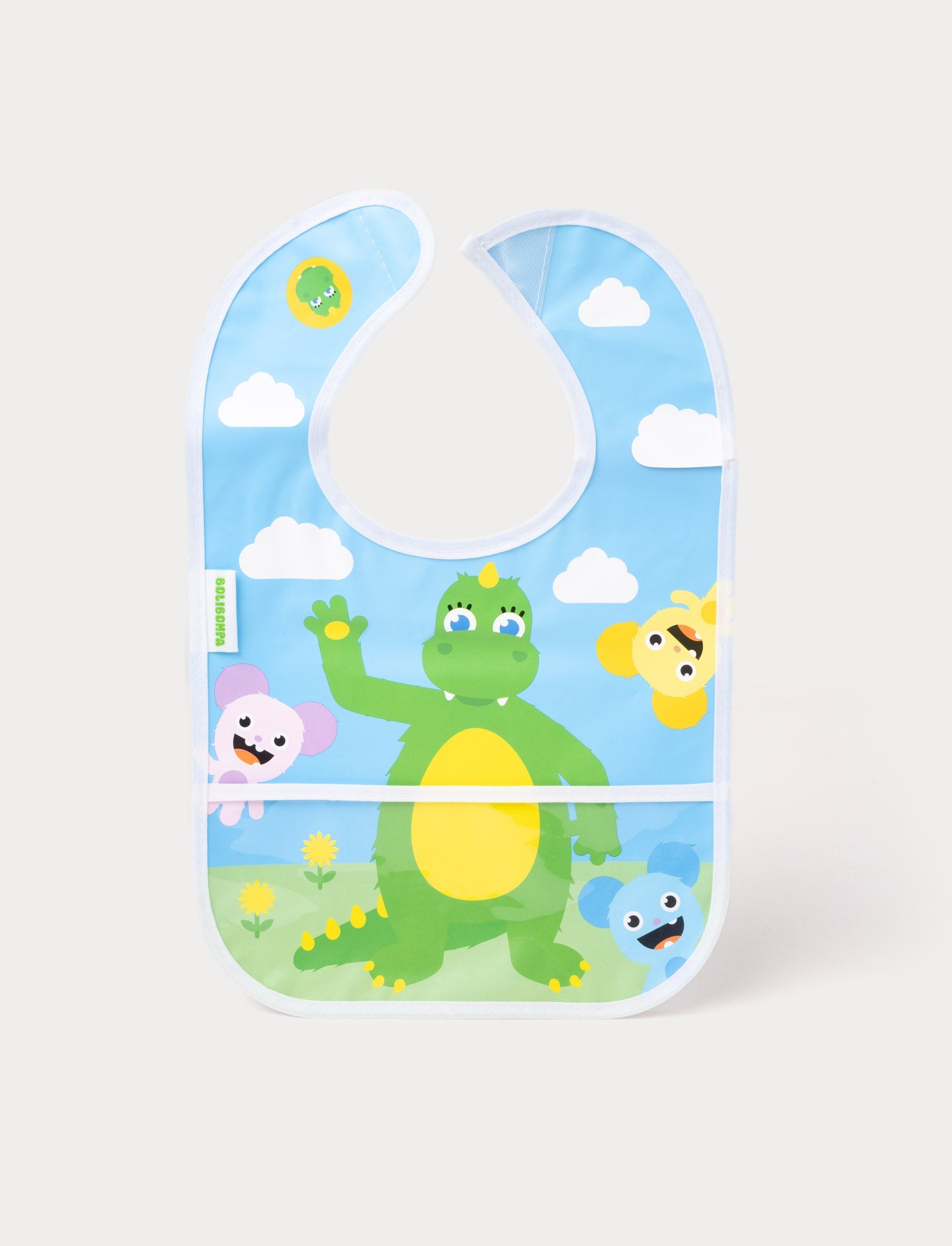  Image of A baby bib featuring the Bolibompa dragon and colorful animal characters on a blue sky background.