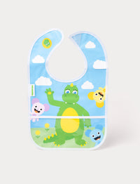 A baby bib featuring the Bolibompa dragon and colorful animal characters on a blue sky background.