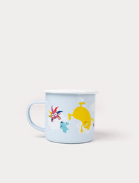 Babblarna enamel mug with playful character designs on a light blue background.