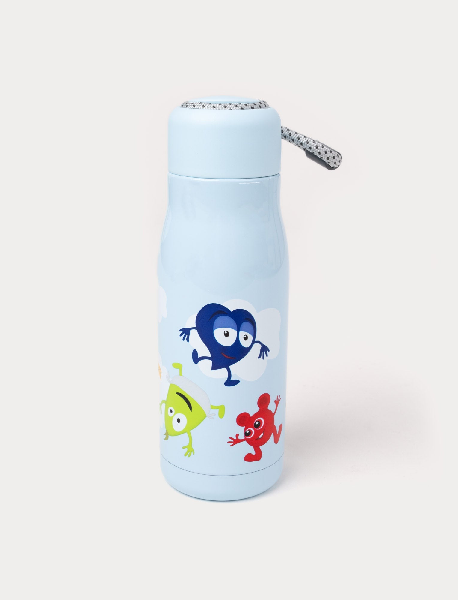  Image of A light blue children's thermos bottle featuring Babblarna characters and a gray carrying strap.