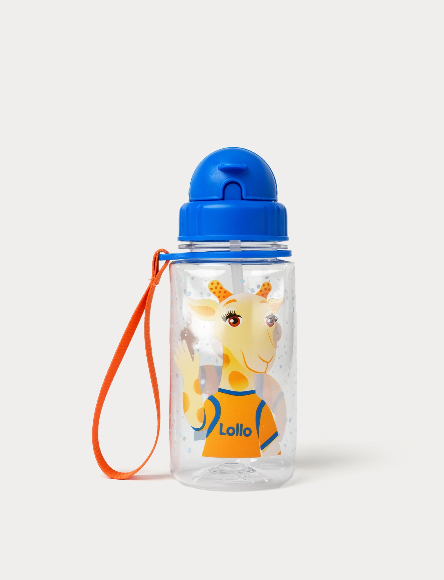  Image of Clear water bottle with blue lid and orange strap featuring Lollo & Bernie characters