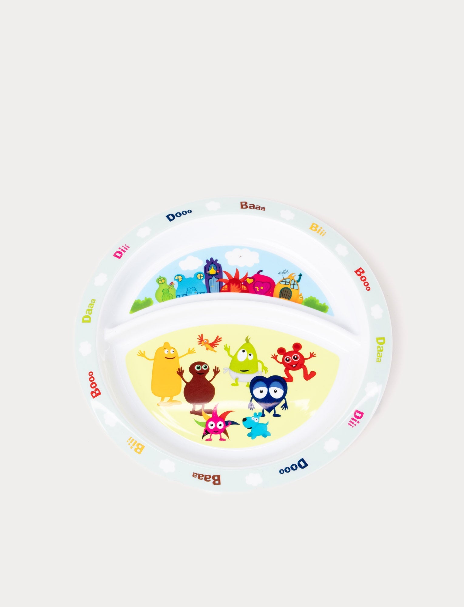  Image of A divided children's plate featuring Babblarna characters and playful text around the rim.