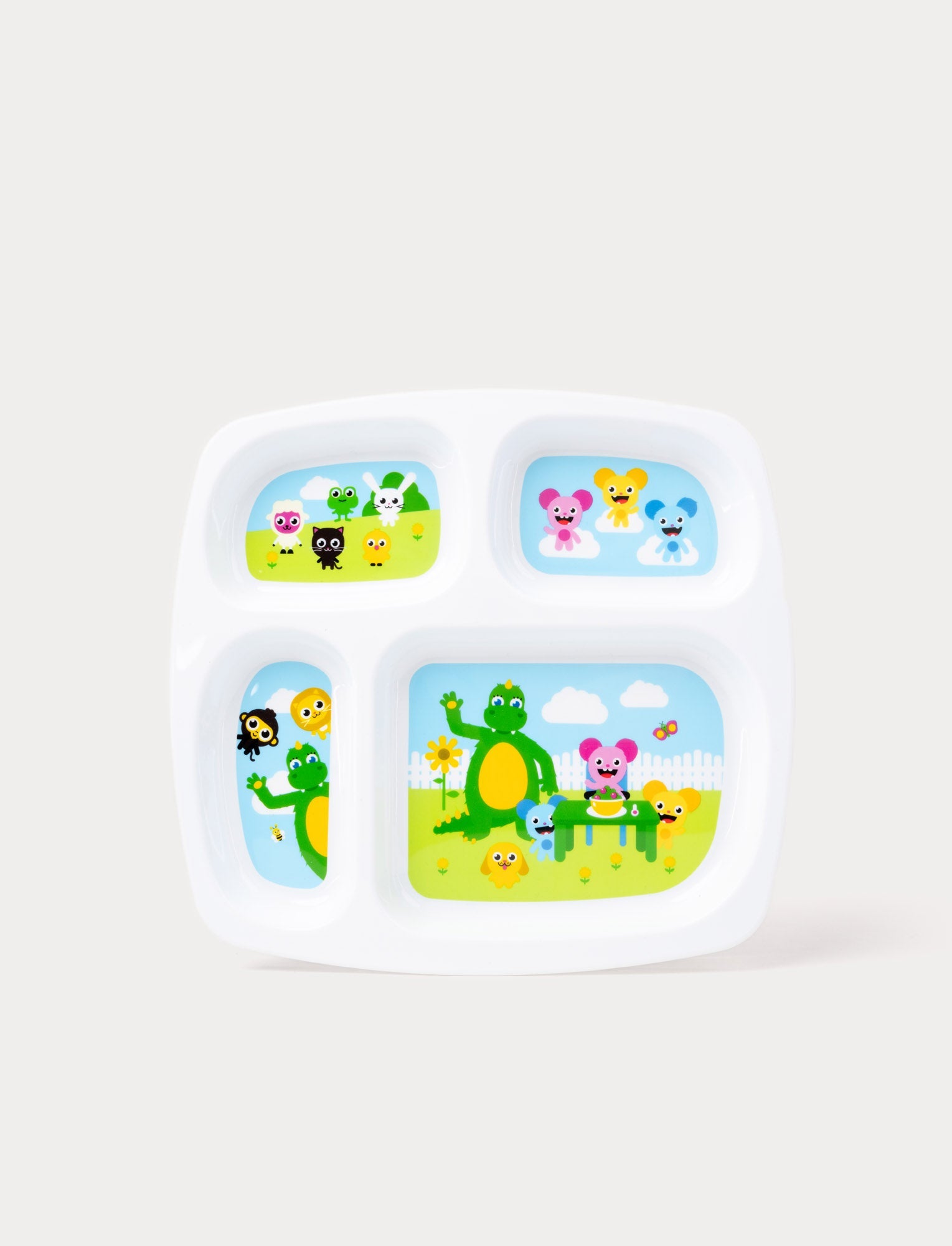  Image of A divided children's plate featuring the Bolibompa dragon and colorful animal characters in playful scenes.