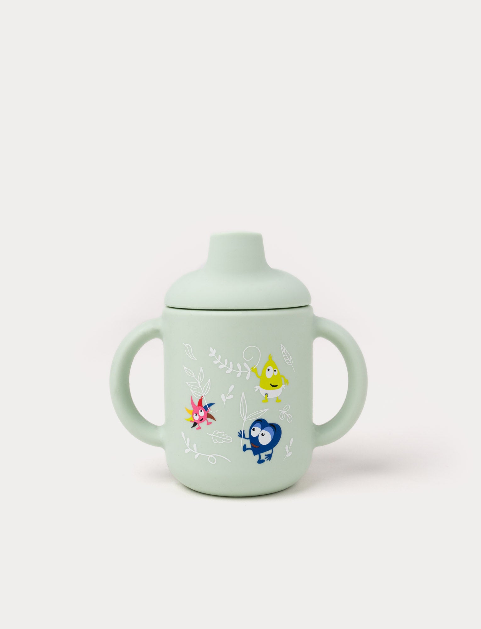  Image of Green Babblarna silicone cup with handles, spill-proof lid, and colorful character design.