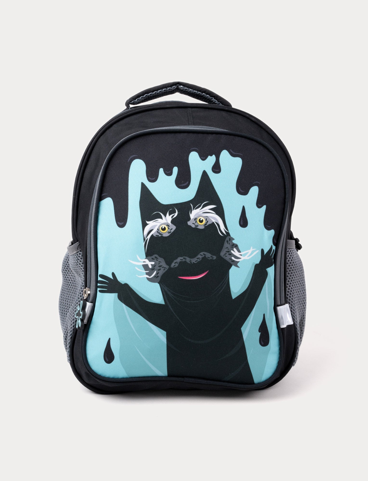  Image of A black children's backpack featuring a spooky cat design with glowing yellow eyes and a blue bakground