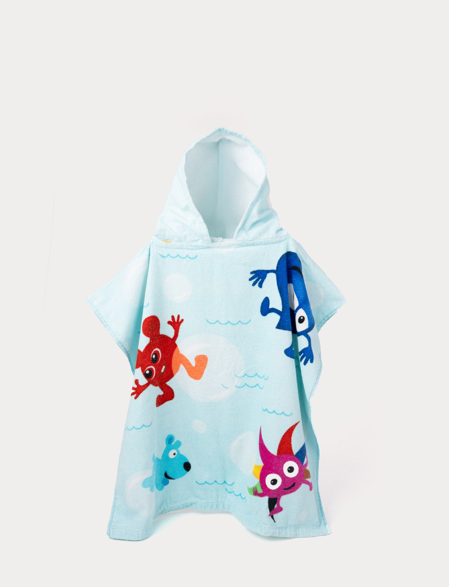  Image of Light blue hooded poncho towel with colorful Babblarna characters playing in water.