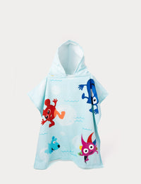 Light blue hooded poncho towel with colorful Babblarna characters playing in water.