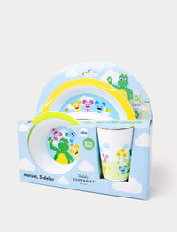 Children's three-piece dinner set by Teddykompaniet, featuring colorful animal illustrations and BPA-free materials.