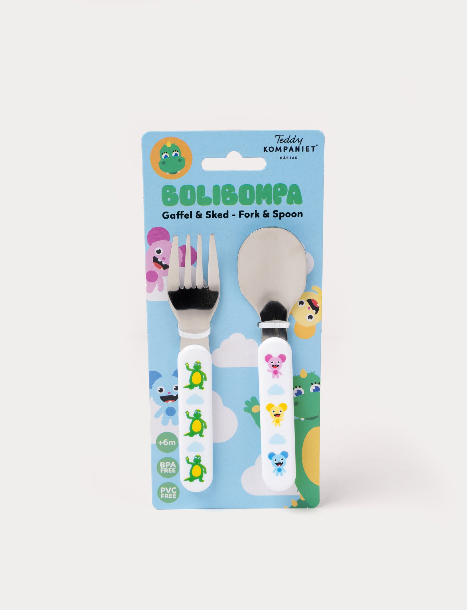  Image of Bolibompa cutlery set with a fork and spoon, featuring ergonomic handles with Bolibompa design 