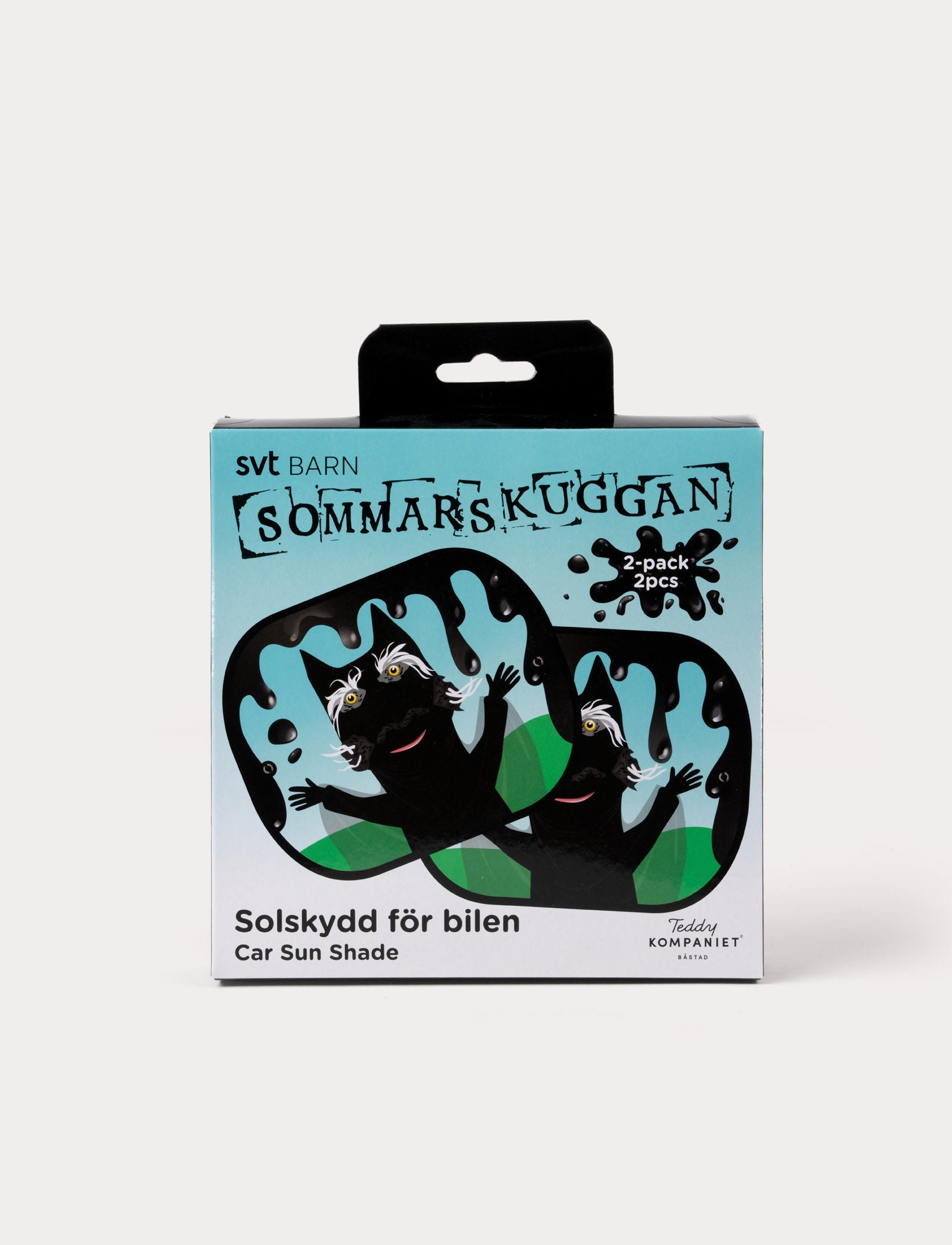  Image of A package of Sommarskuggan car sunshades featuring the mysterious black cat character with dripping shadows.